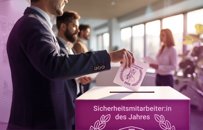 A person inserts a ballot paper for the “Security employee of the year 2025” into a ballot box. Other people wait in the background.