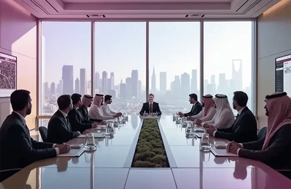 Business meeting in a modern office in Saudi Arabia, skyscrapers in the background