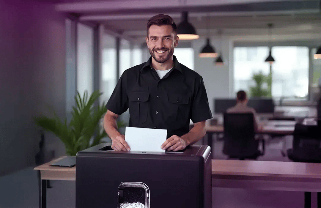 The man operates the shredder because the paper guard books have become unnecessary.
