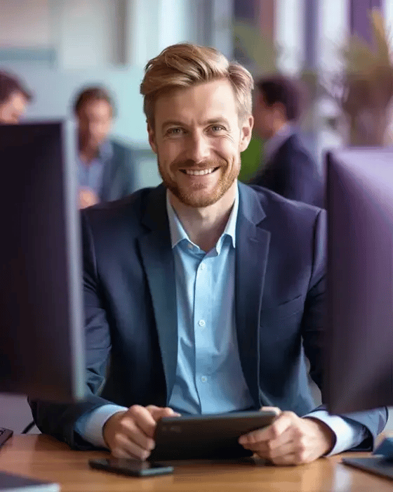 Junge Mann in Business-Kleidung sitzt in einem modernen Büro und lächelt in die Kamera während er ein Tablet in der Hand hält.