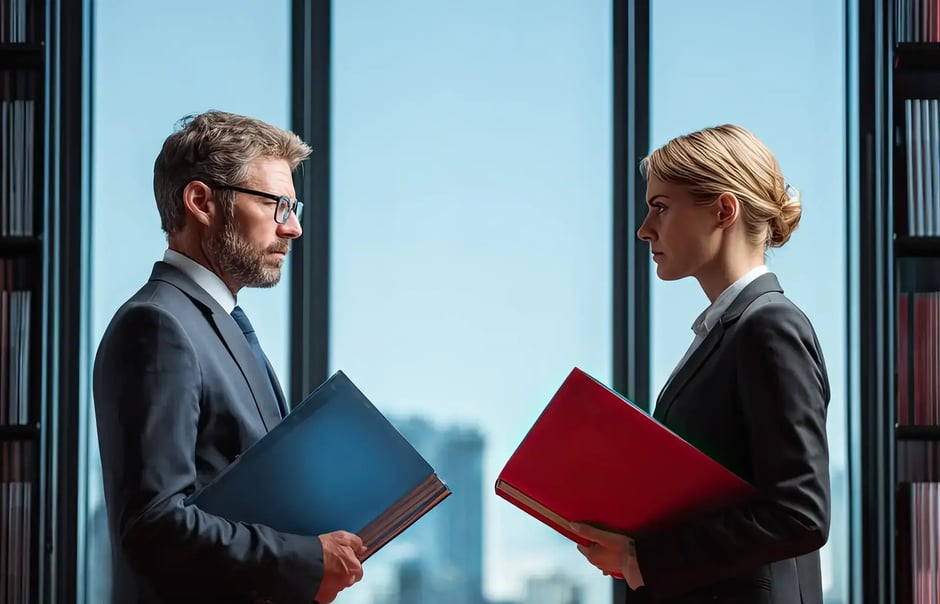 Zwei Geschäftsleute stehen sich mit Aktenmappen gegenüber und führen ein Gespräch vor einer Fensterfront mit Stadtblick – symbolisch für beruflichen Austausch oder Verhandlungen