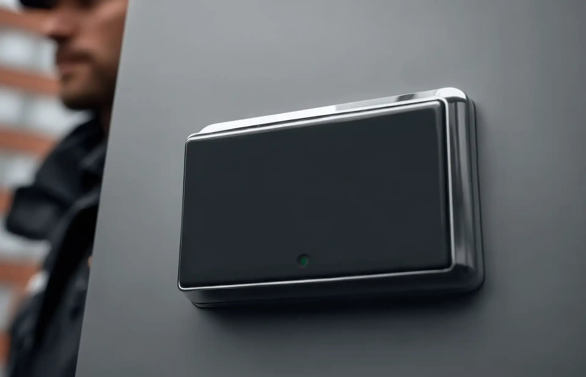 Bluetooth beacon mounted on a building surface with a security officer in the background—automated capture for security patrols