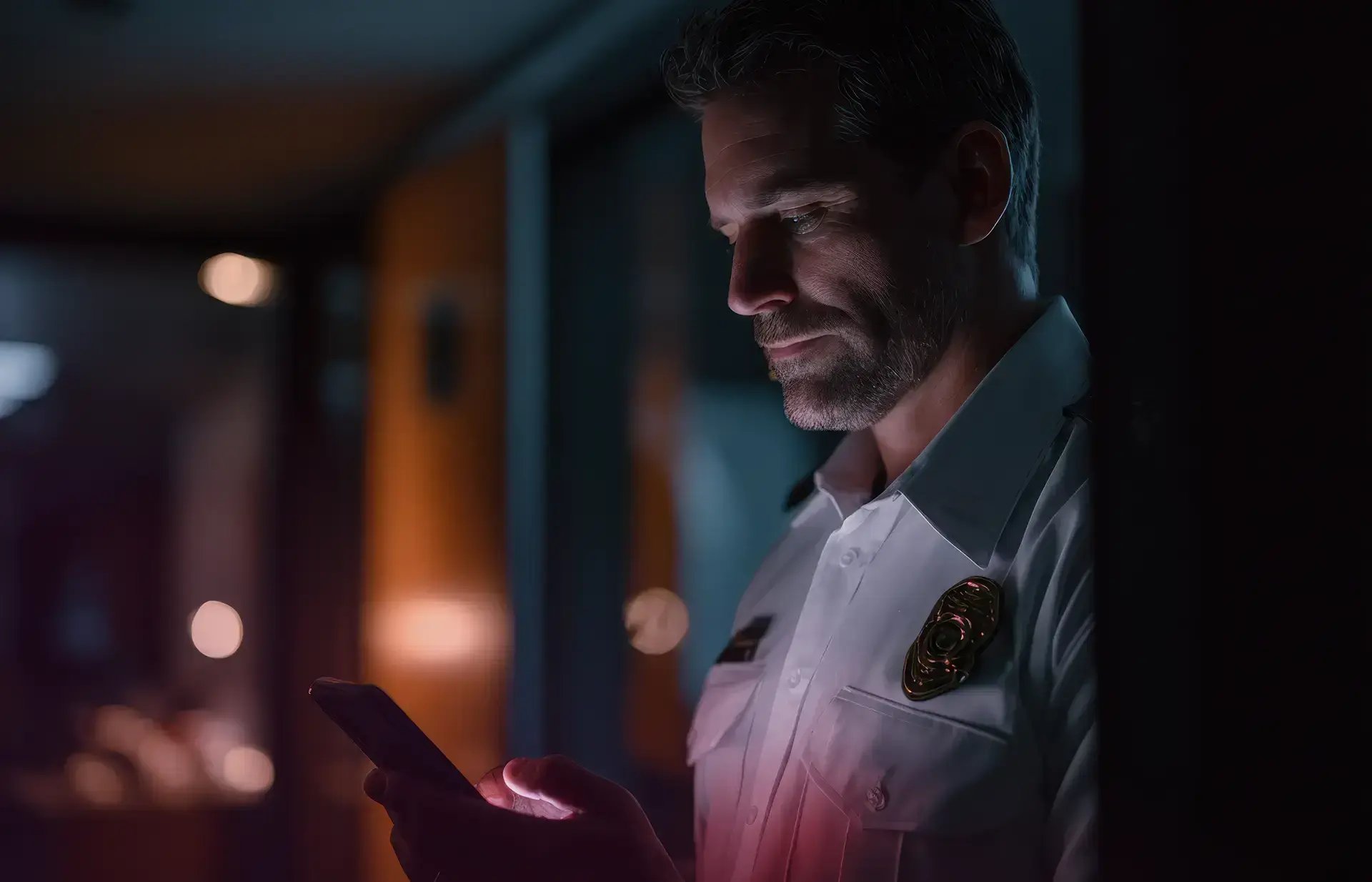 security guard with smartphone