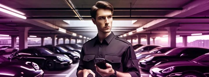 Man at Parkinglot with Cars on Control Round with Torch and Phone