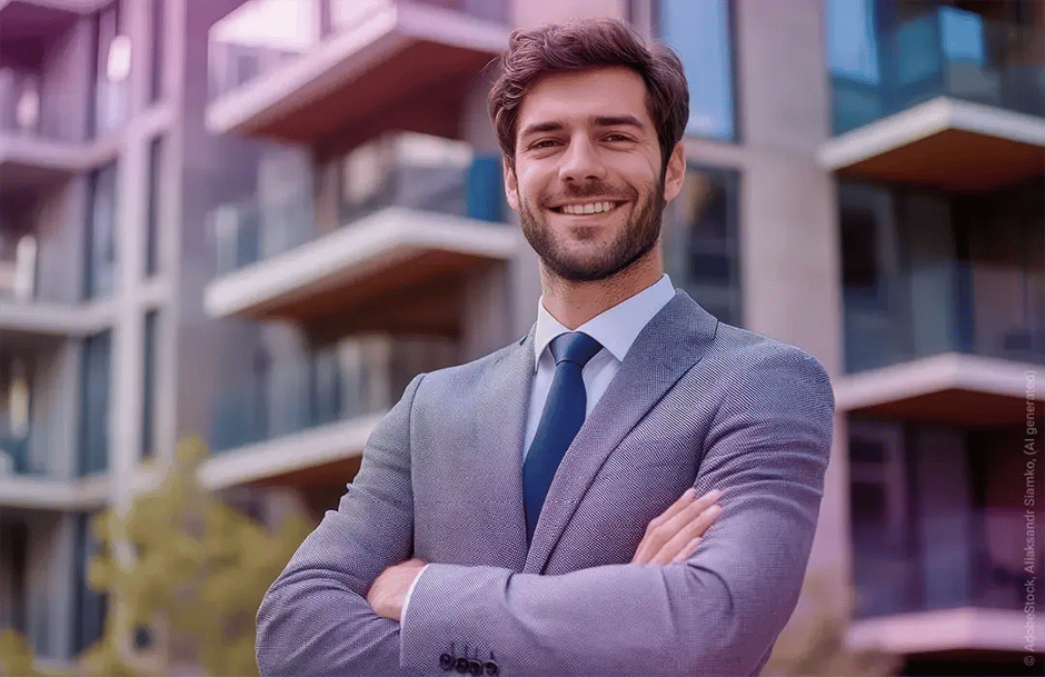 AI generated image of a young white man in a Suite, smiling at the camera