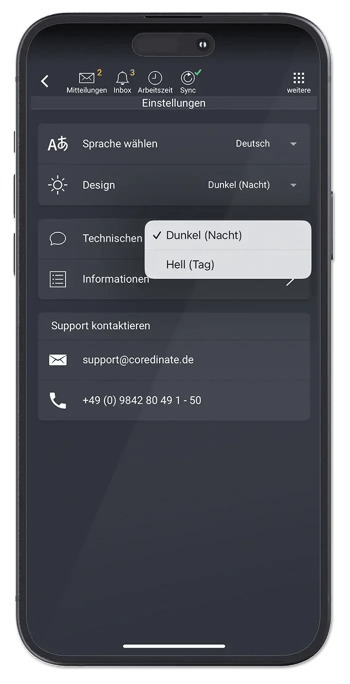 COREDINATE OWKS App Dunkelmodus Einstellungen dunkel