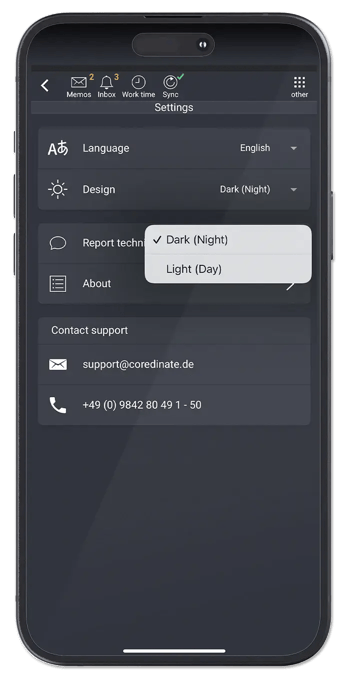 إعدادات الوضع الداكن داخل التطبيق.