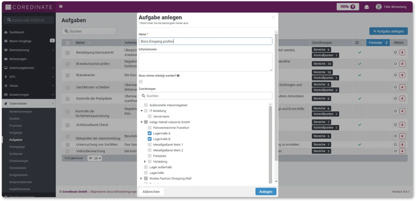 Aufgabe anlegen, Coredinate, Saas, Zuordnung