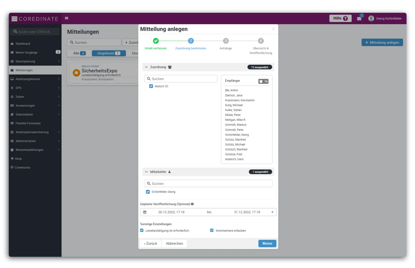 Mitteilungen, Zuordnung, Nachricht anlegen, OWKS, Kommunikation, Digitalisierung