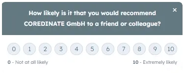 Screenshot Net Promoter Score NPS COREDINATE asking to rate the company on a scale from 0 to 10