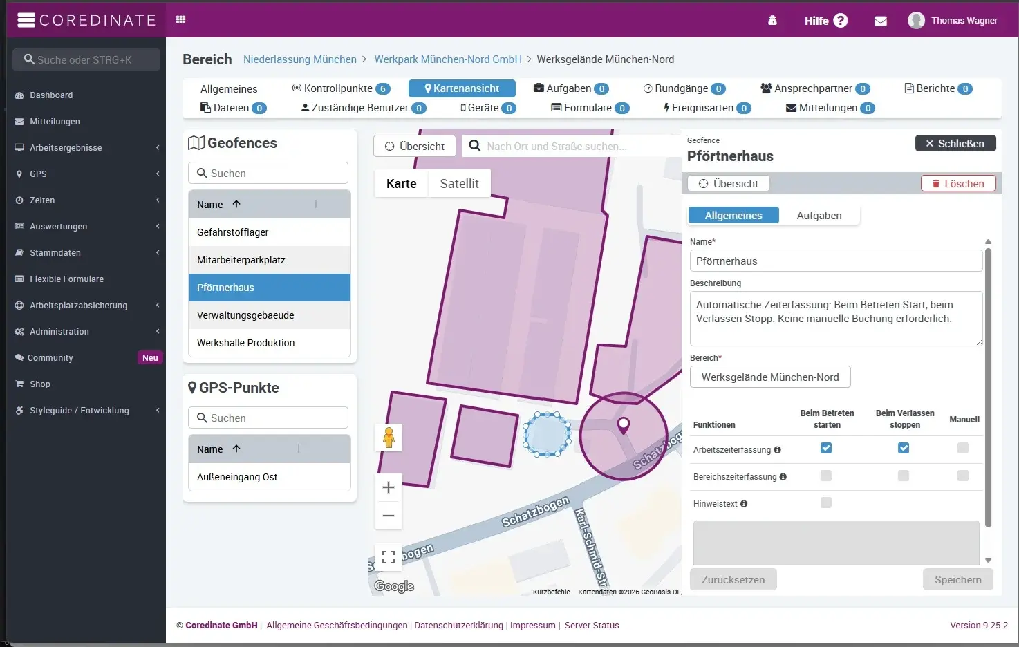 Geofence-Drawer mit drei Triggern: Arbeitszeiterfassung, Bereichszeiterfassung, Hinweistext