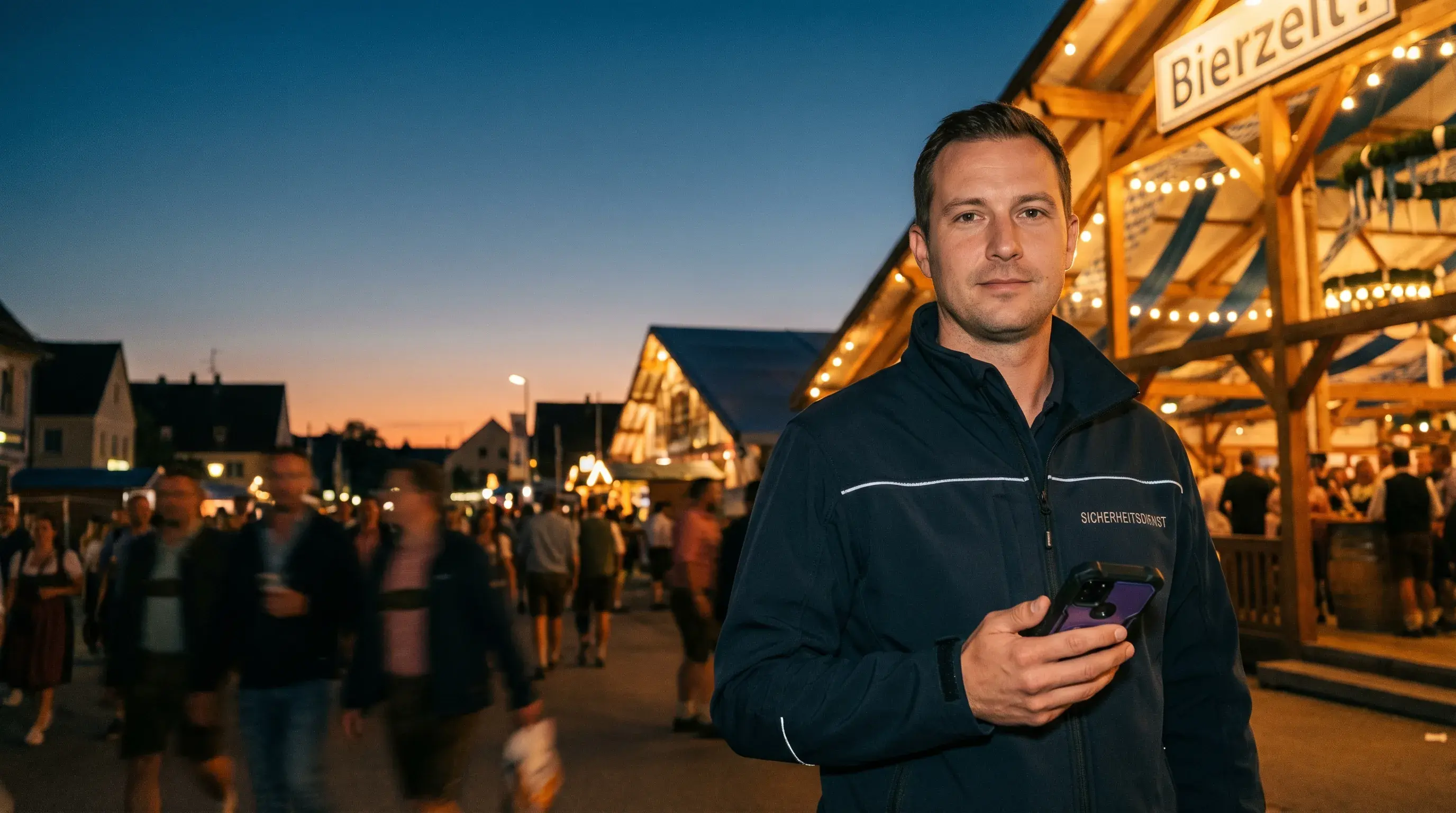 Sicherheitsmitarbeiter mit Smartphone vor einem beleuchteten Bierzelt bei einer Großveranstaltung in der Abenddämmerung
