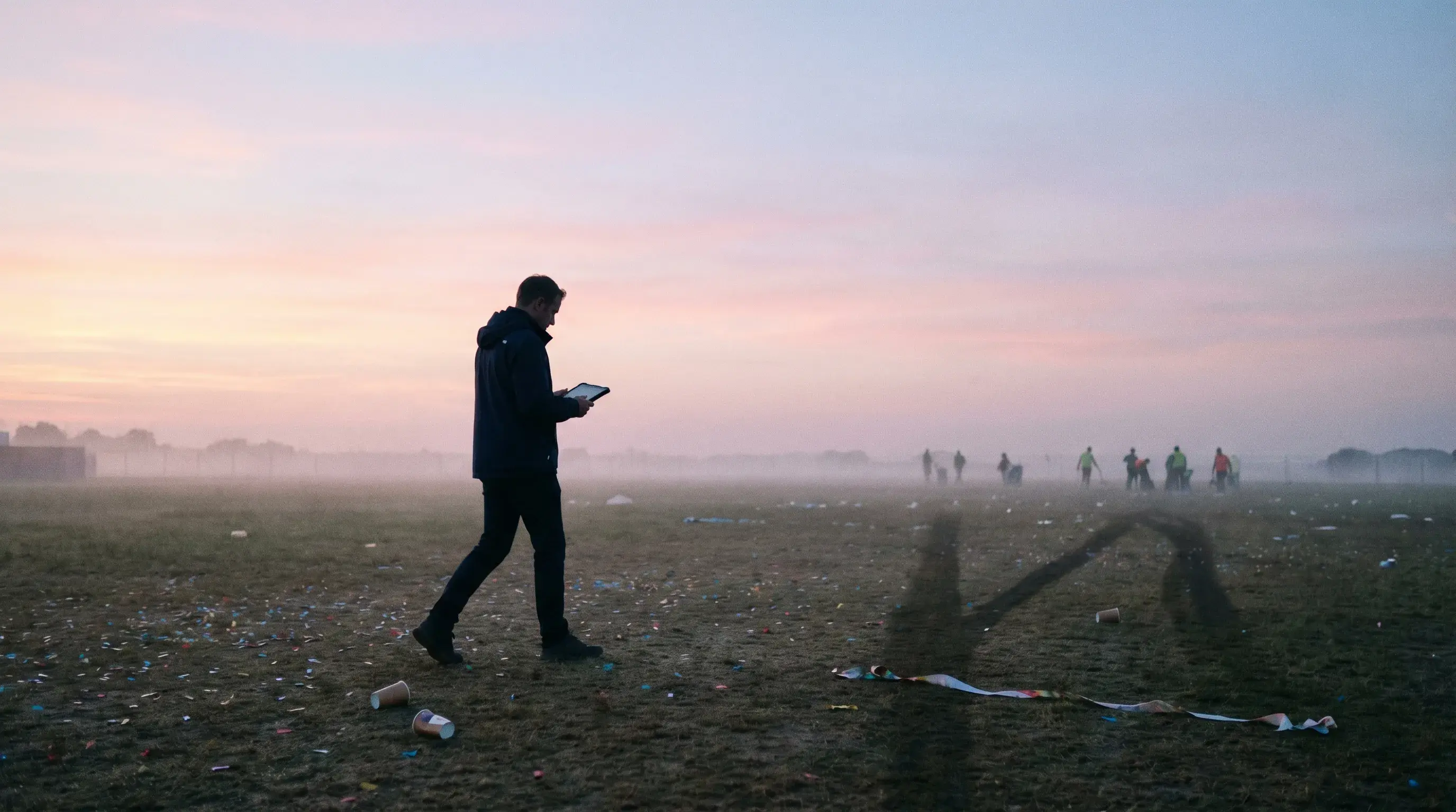 Einsatzleiter mit Tablet auf leerem Veranstaltungsgelände im Morgengrauen nach einem Großevent