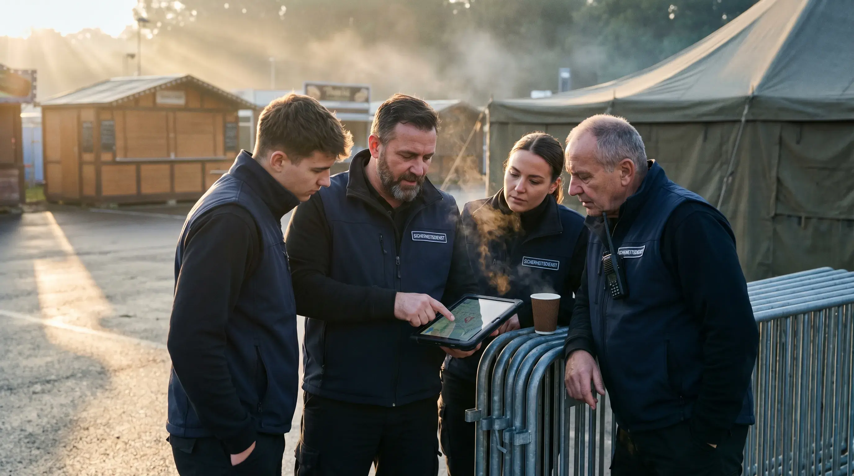 Sicherheits-Crew bespricht morgens vor Eventbeginn den Einsatzplan auf einem Tablet