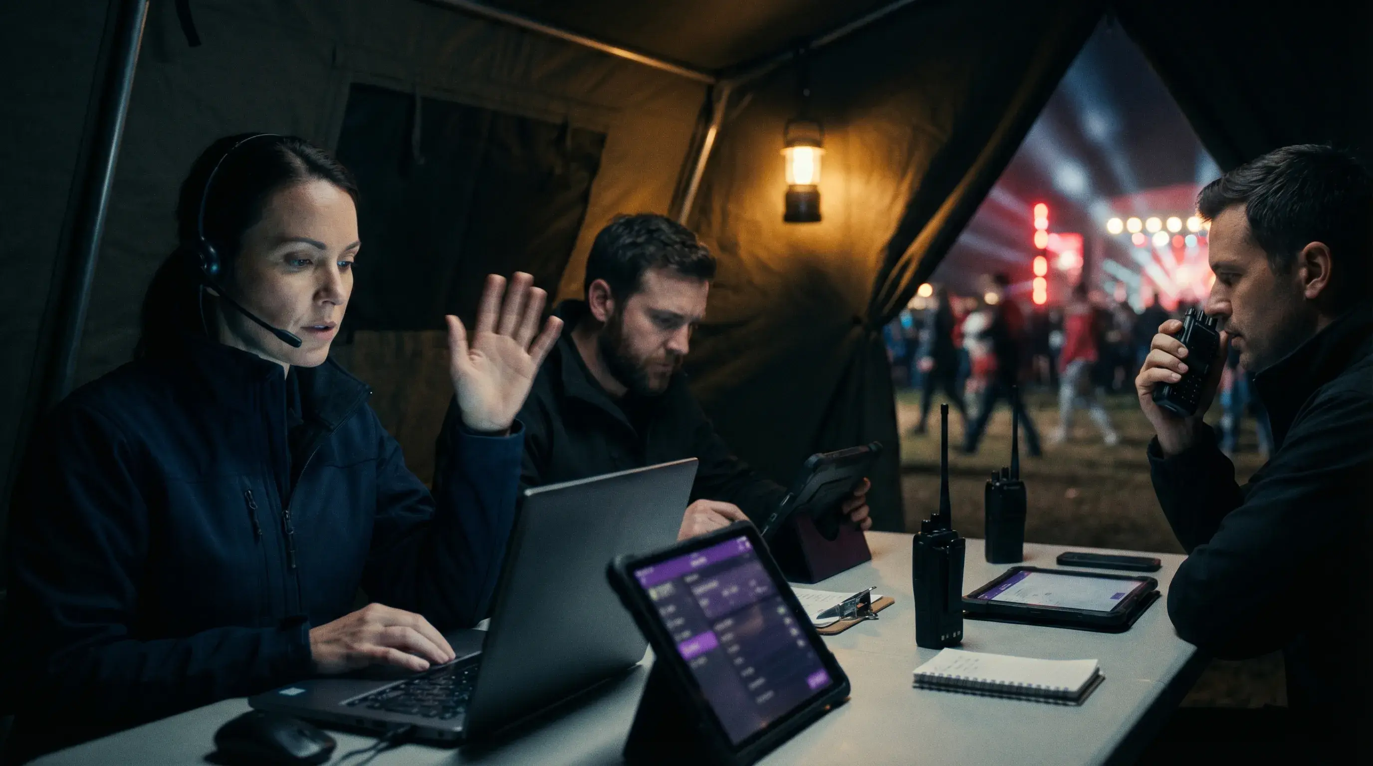 Operations-Zelt mit Einsatzleitung bei laufendem Event: Headset, Funkgerät und Dashboard auf dem Tablet