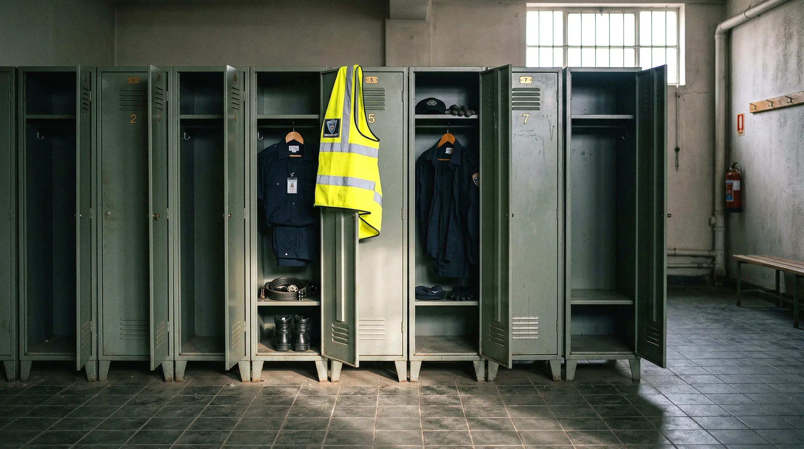 Leere Umkleidespinde in einem Sicherheitsunternehmen, nur wenige mit Uniformen besetzt