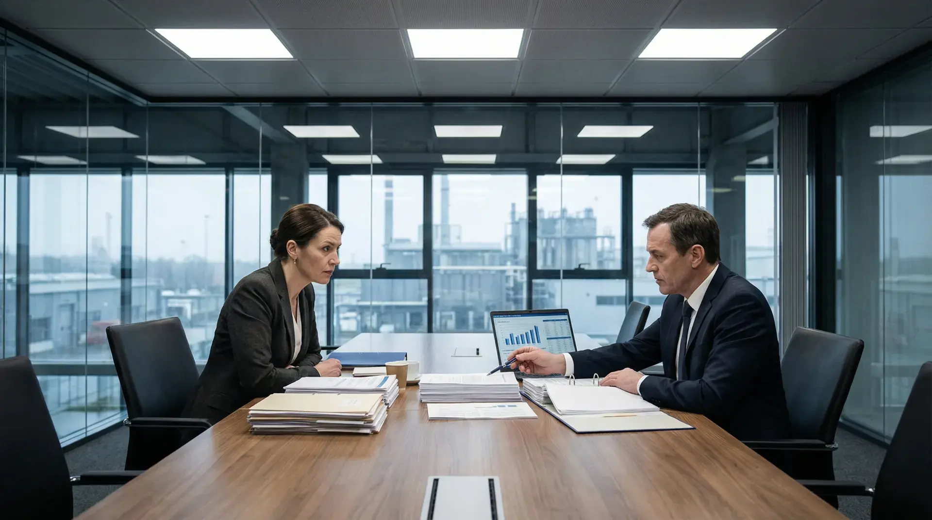 Compliance audit in a conference room overlooking an industrial facility