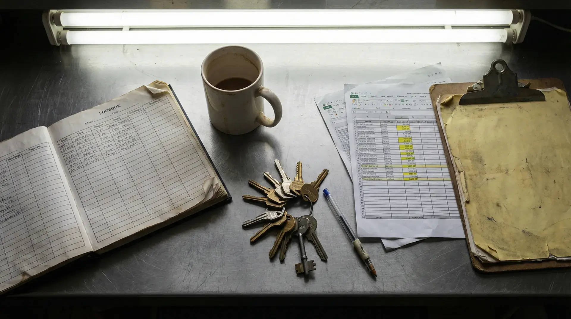 Analoges Wachbuch, Schlüsselbund und Excel-Ausdrucke auf einem Schreibtisch im Wachraum