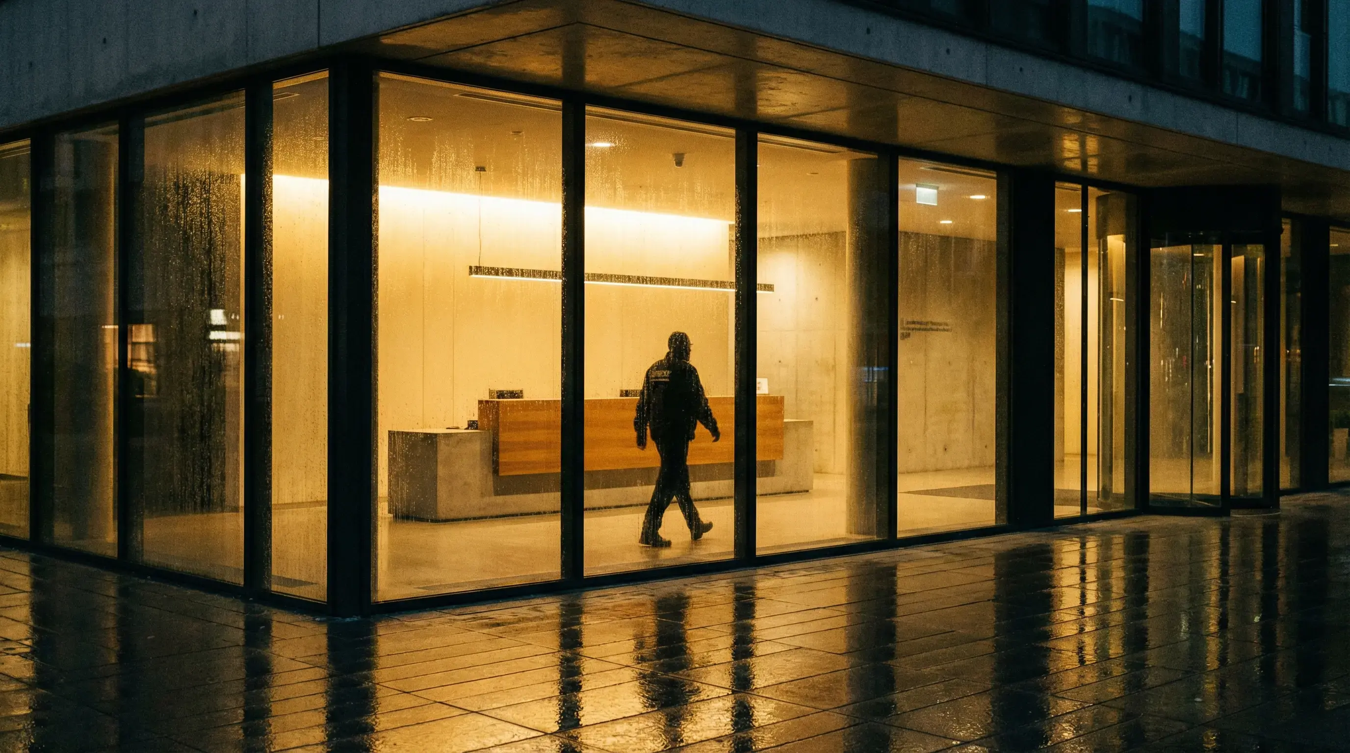 Security guard patrolling a modern office building lobby at night — the security industry in transition