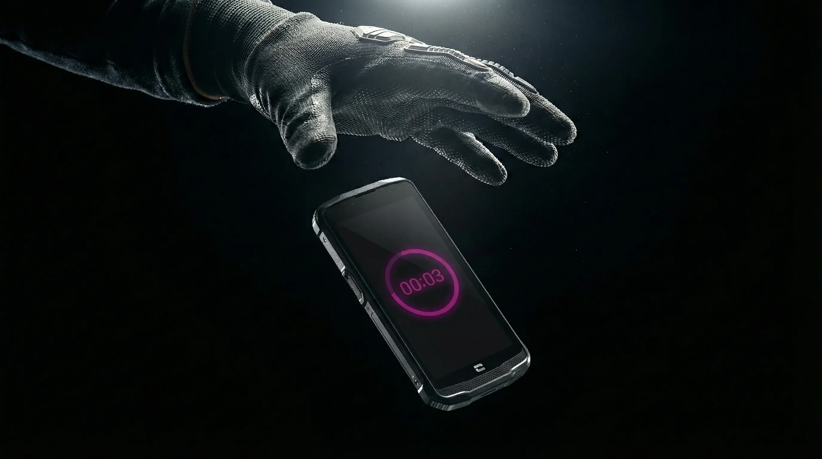 Totmannschalter auf einem robusten Smartphone mit Countdown-Anzeige, schwebend vor dunklem Hintergrund, Hand greift danach – Symbol für Alleinarbeiterschutz und Notfallalarm.