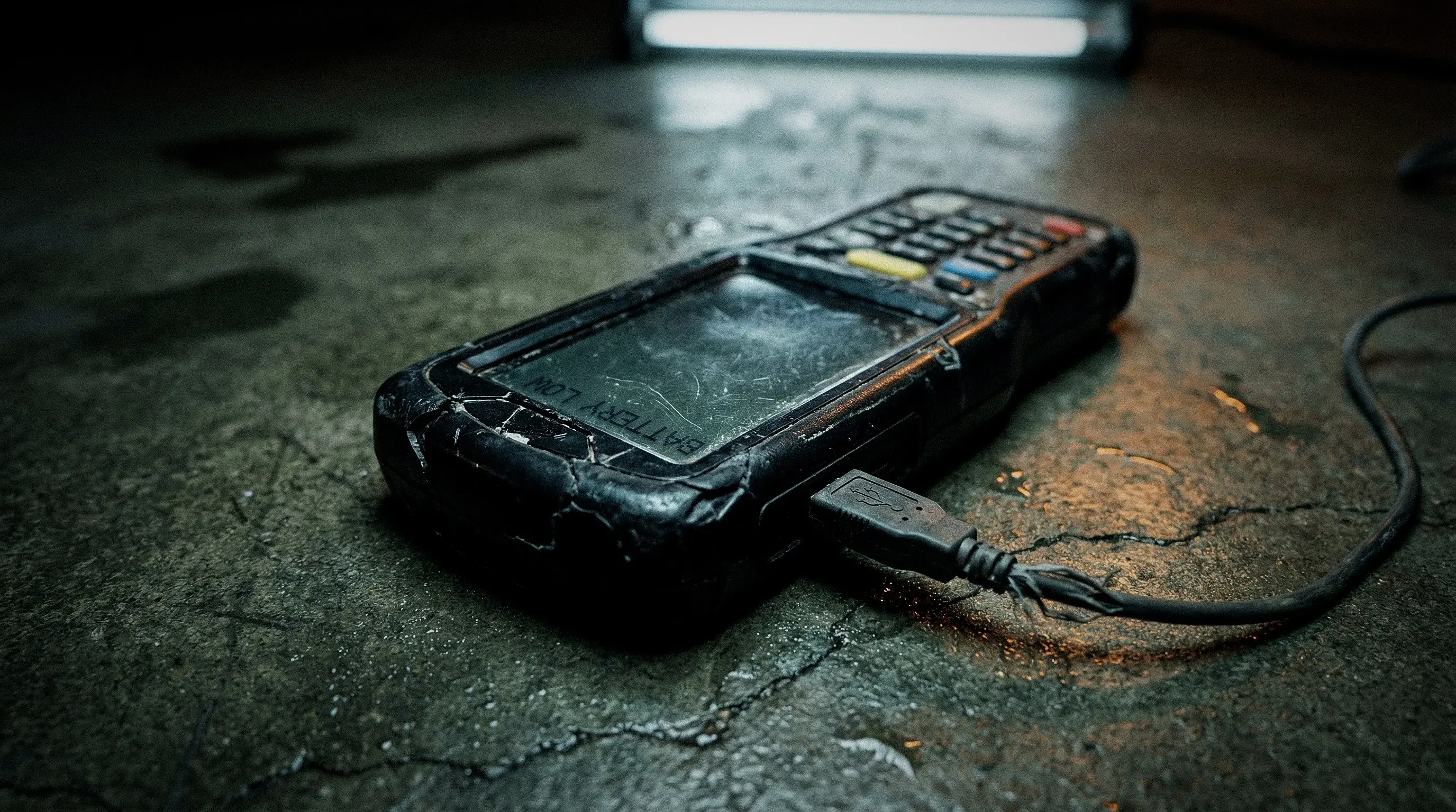 Broken guard tour patrol wand on wet concrete floor with USB cable — end of life for hardware guard tour systems