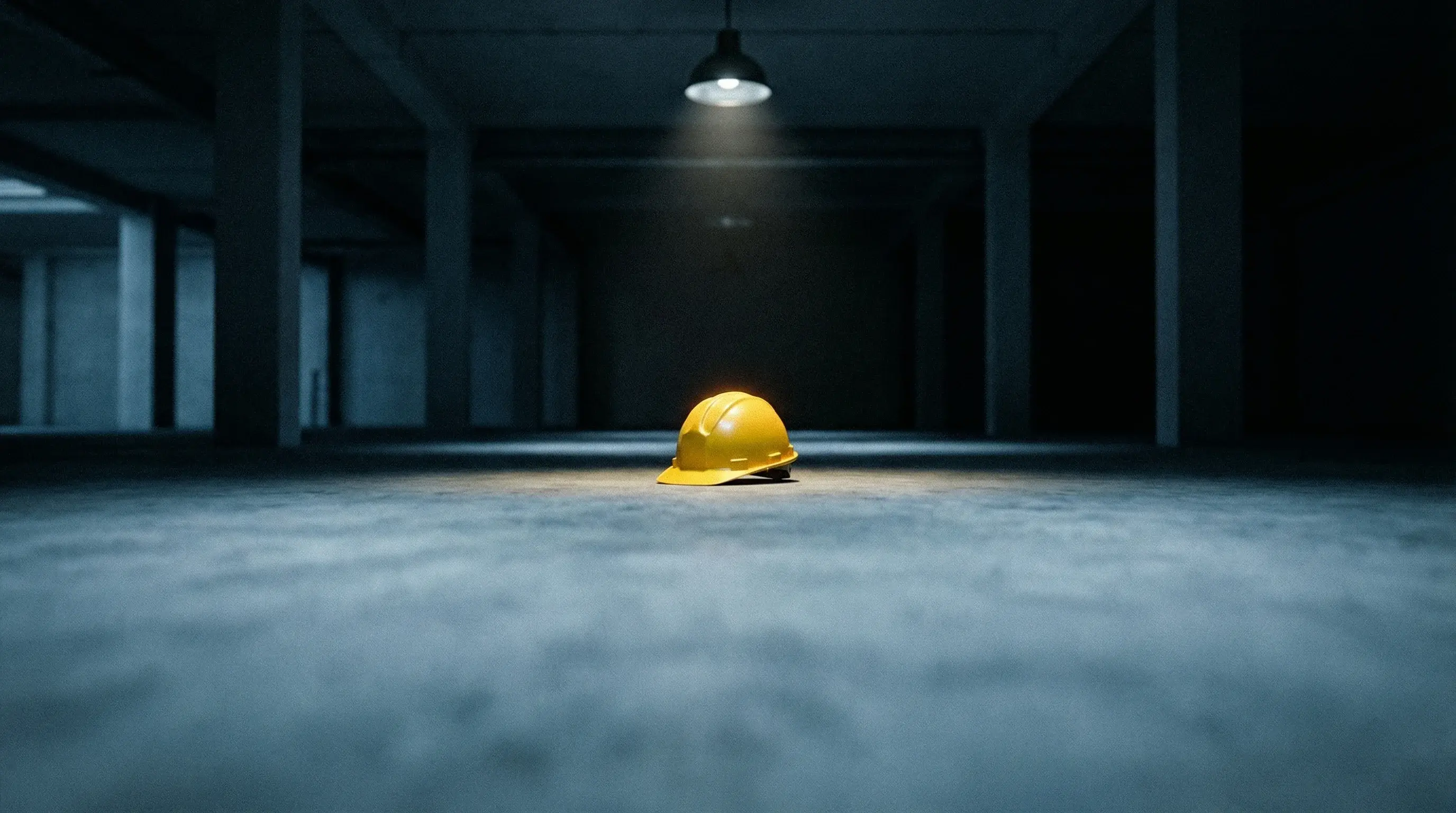 Schutzhelm auf leerem Hallenboden — Alleinarbeit ohne Absicherung