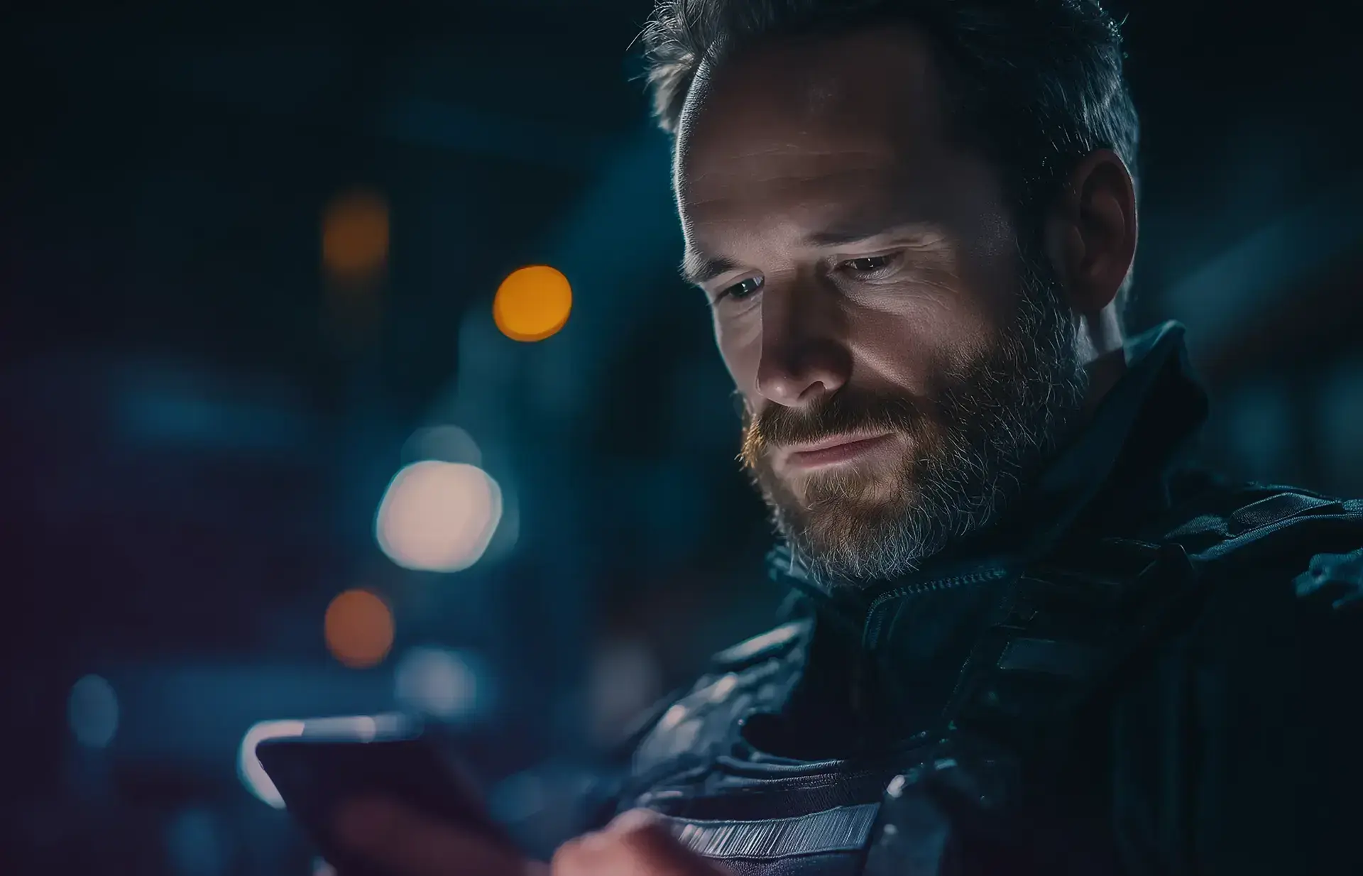 Security guard using the COREDINATE Visitor Counter in the dark in a busy avenue.