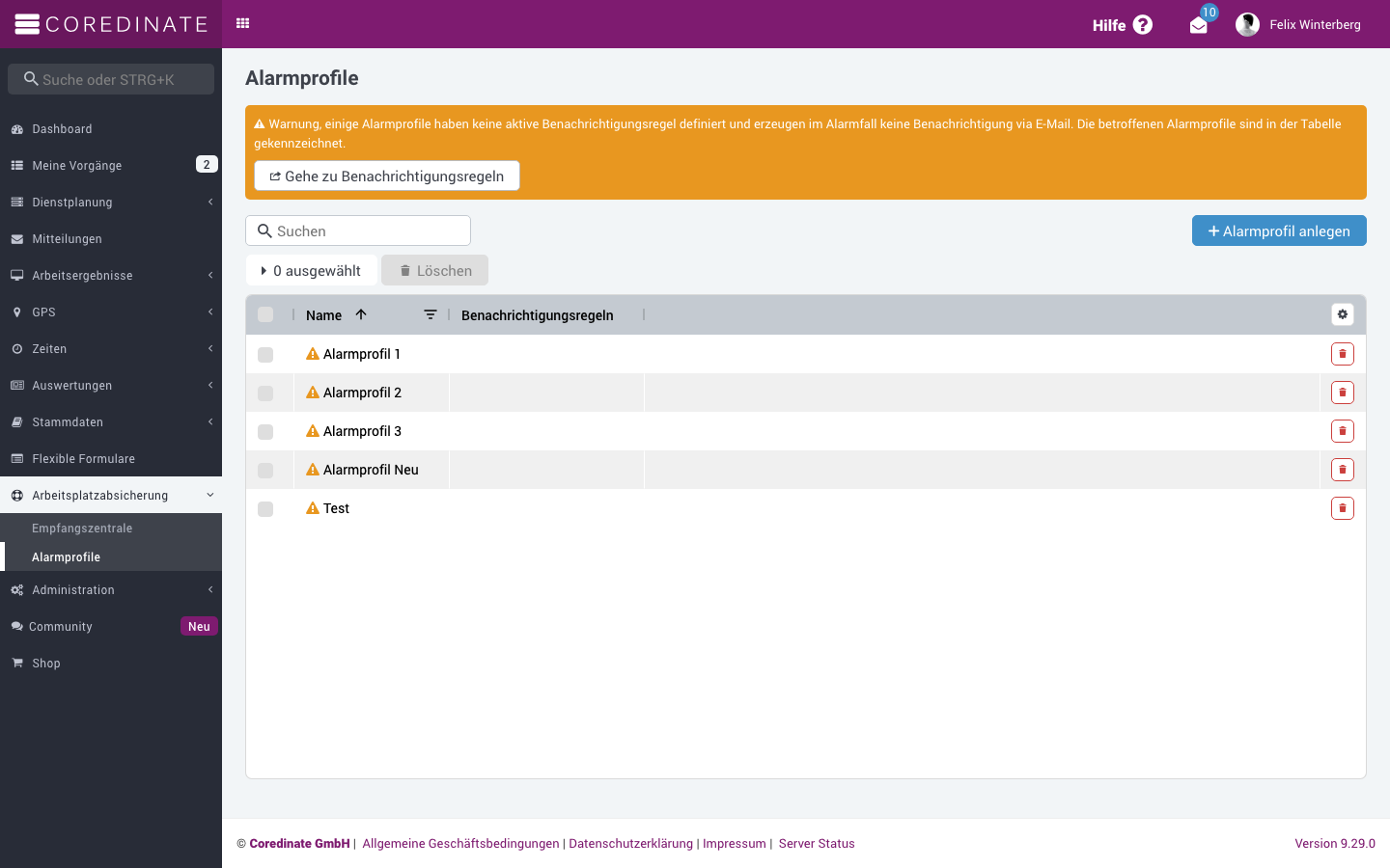 Liste der Alarmprofile unter Arbeitsplatzabsicherung