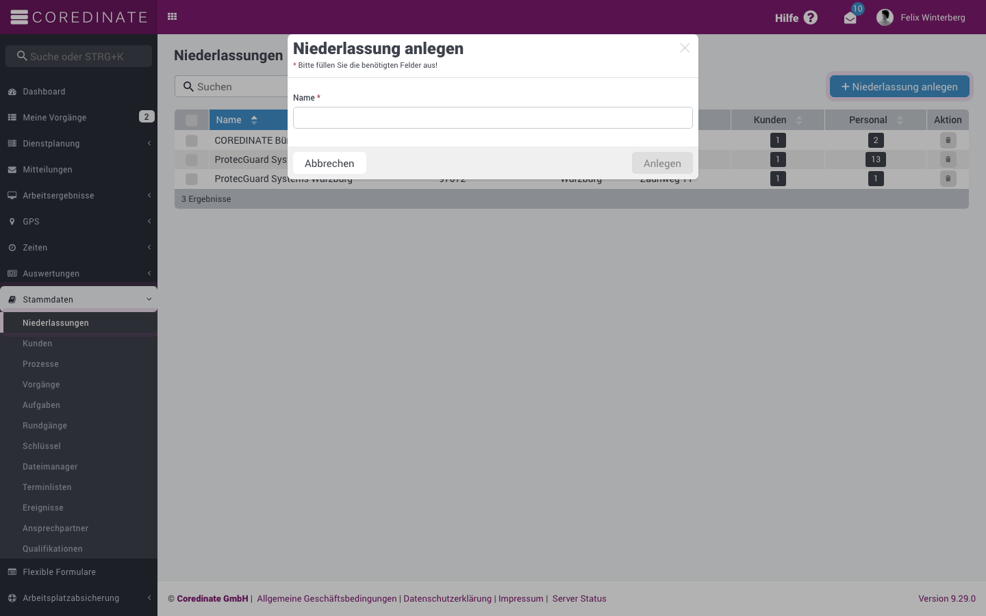 Dialog: Niederlassung anlegen mit Pflichtfeld Name