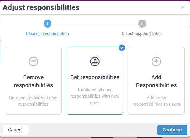 Reassign existing users under Administration and Users, Set responsibilities