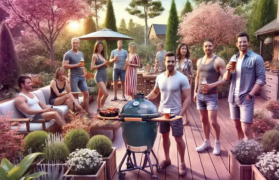 Gruppe von Menschen, die an einem sonnigen Tag am Big-Green-Egg-Grill kochen und lachen.