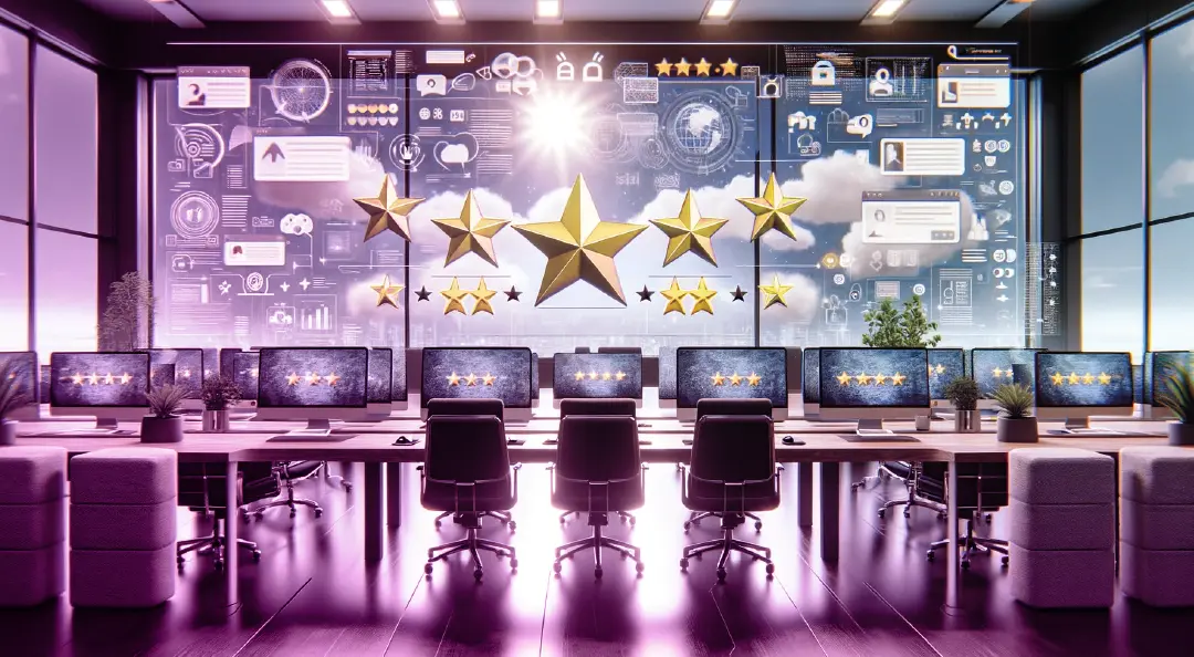 Sterne-Bewertungen für COREDINATE auf einem großen Bildschirm in einem modernen Büro