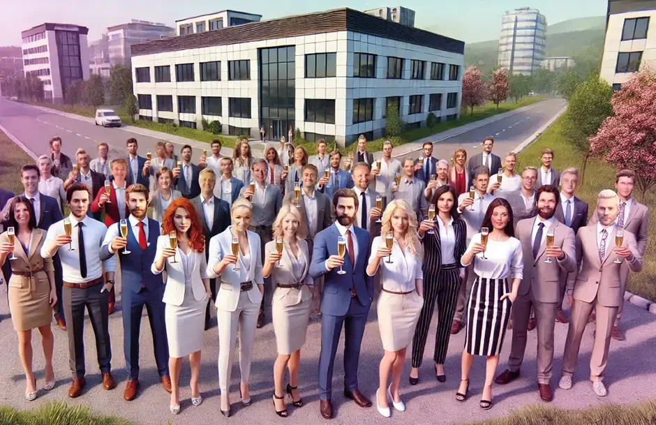 Large group of business people in professional attire stand in front of a modern office building holding up champagne glasses to celebrate an occasion.