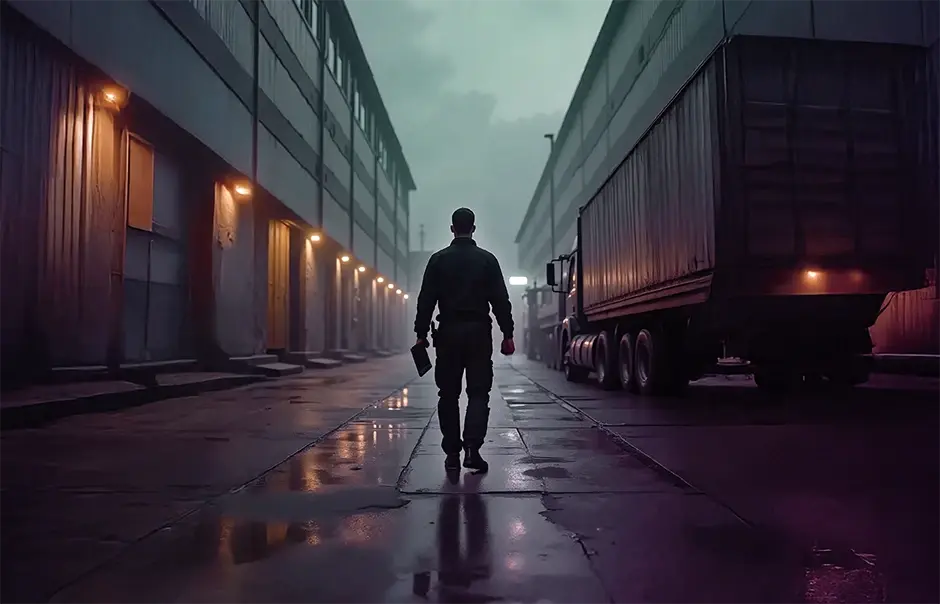 Security guard walks across an empty industrial site at night in the rain.