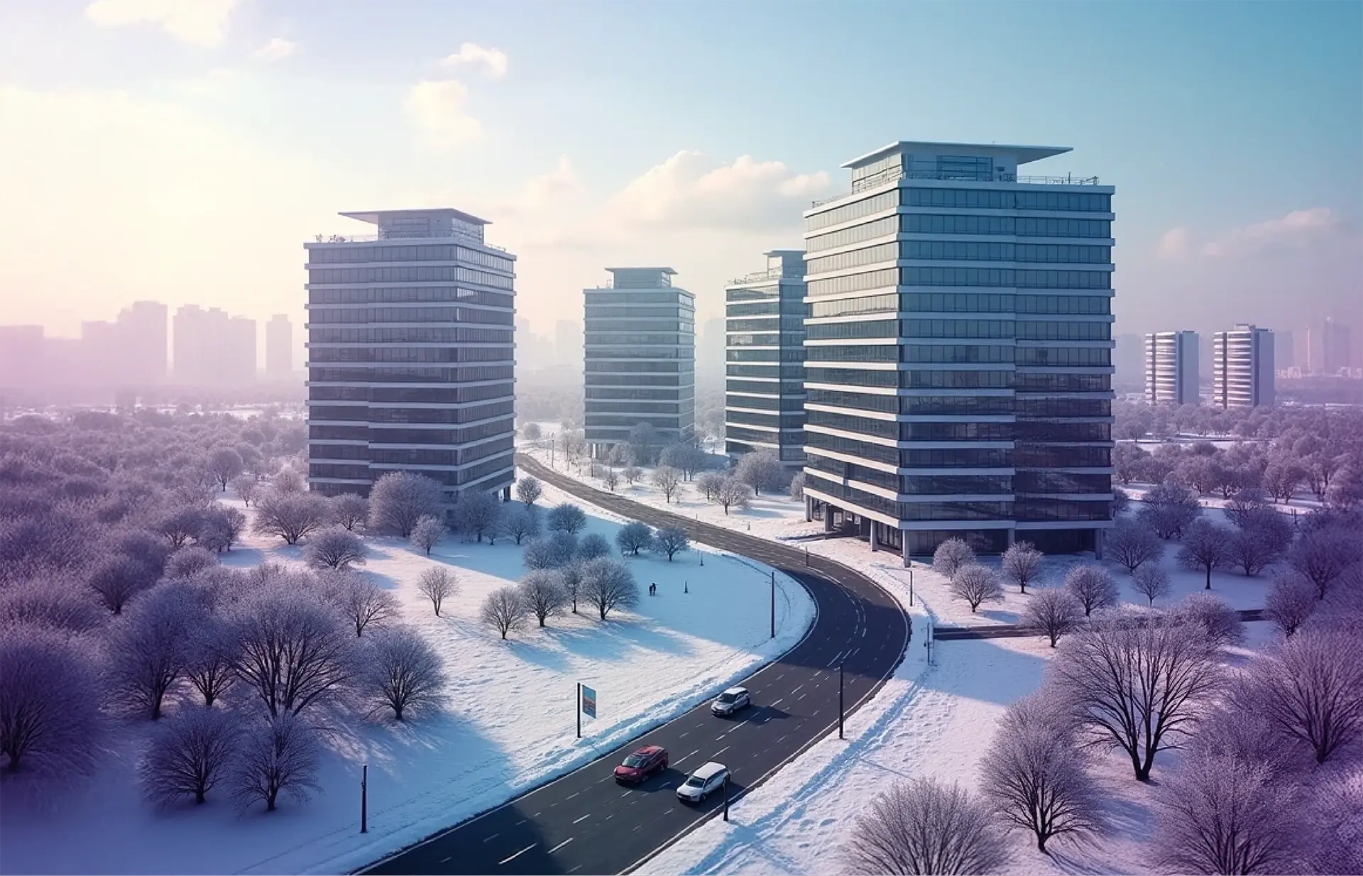 Large modern office buildings in a snowy landscape