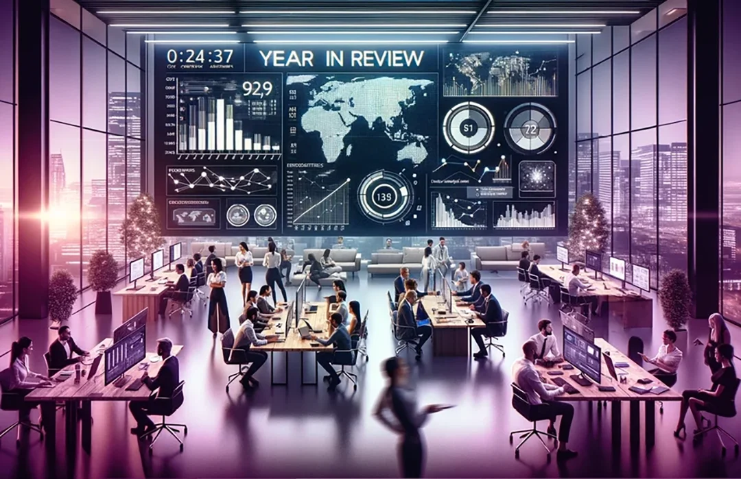 Oficina de espacio abierto con empleados que siguen la revisión del año de COREDINATE en una pantalla gigante.