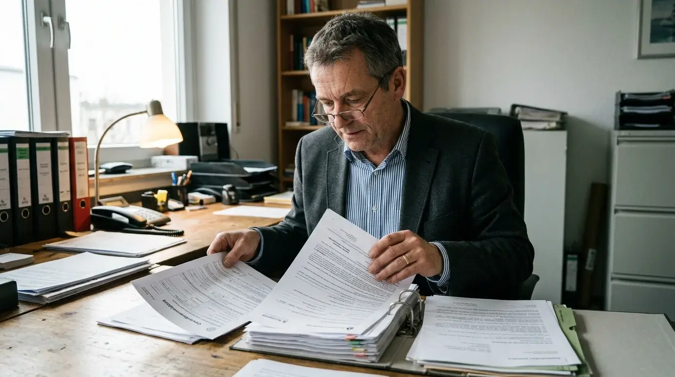 Geschäftsführer eines Sicherheitsdienstes prüft Antragsunterlagen und Registrierungsdokumente im Büro
