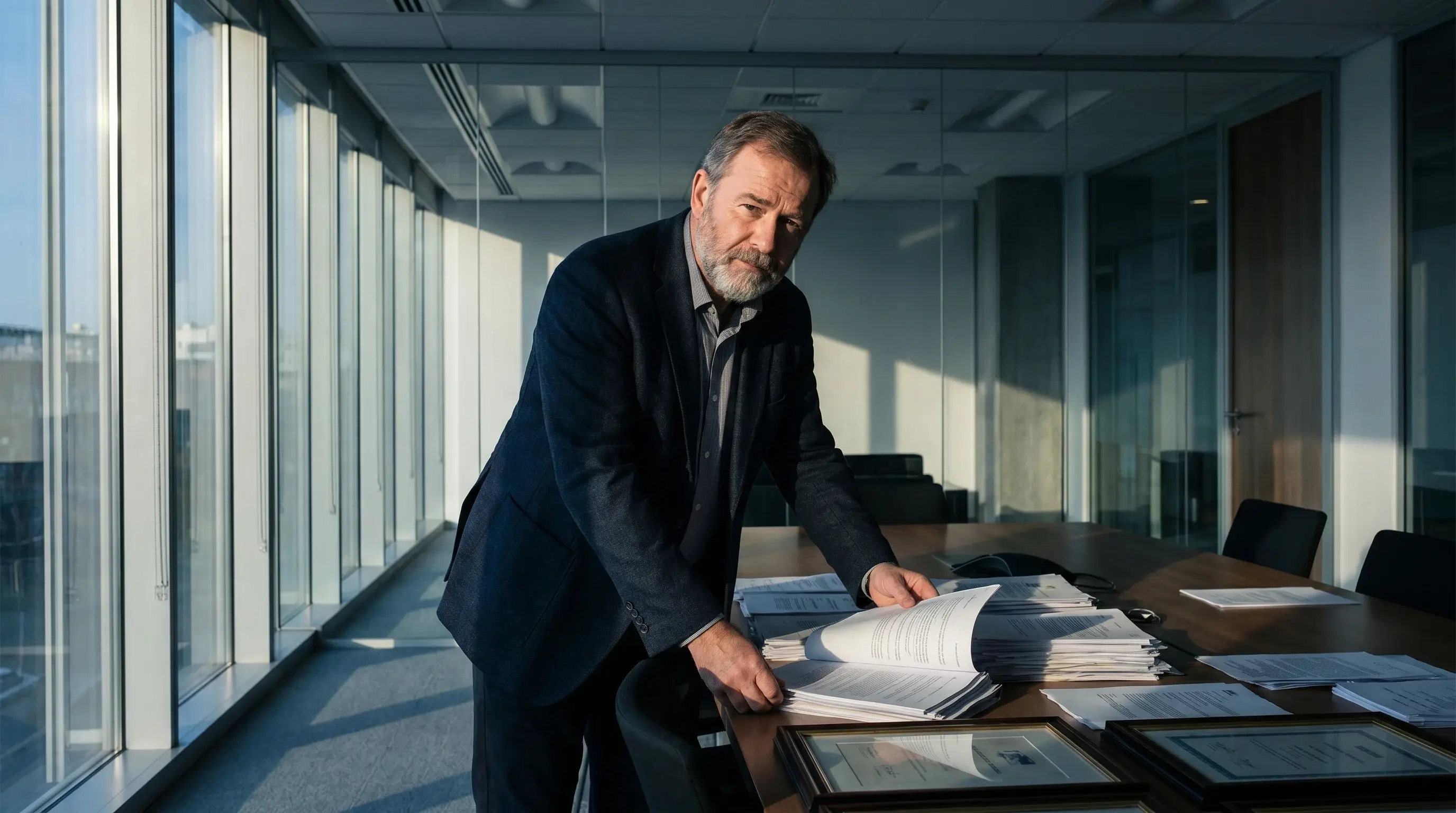 Managing director of a security company reviewing guard license and training records