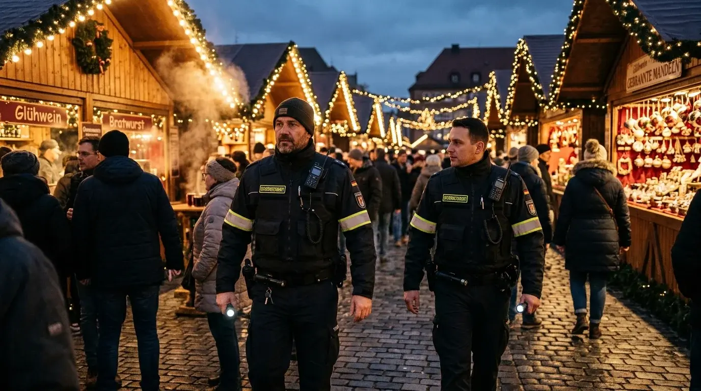 Security officers patrolling an outdoor seasonal market in the evening