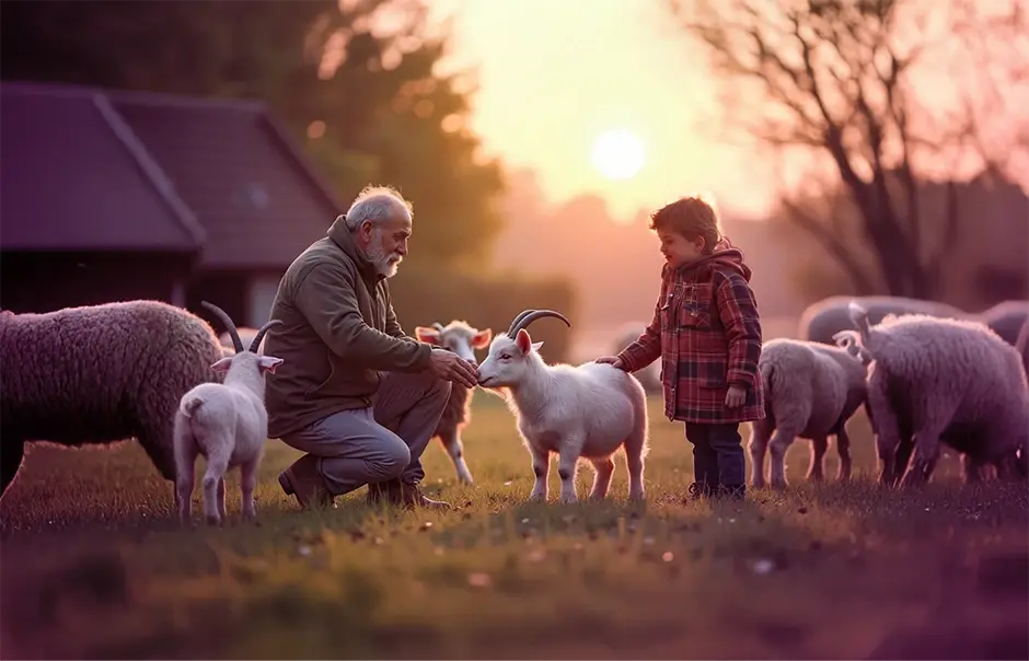 Farm in England with children, teenagers and adult veterans looks after sheep and other lifestock.