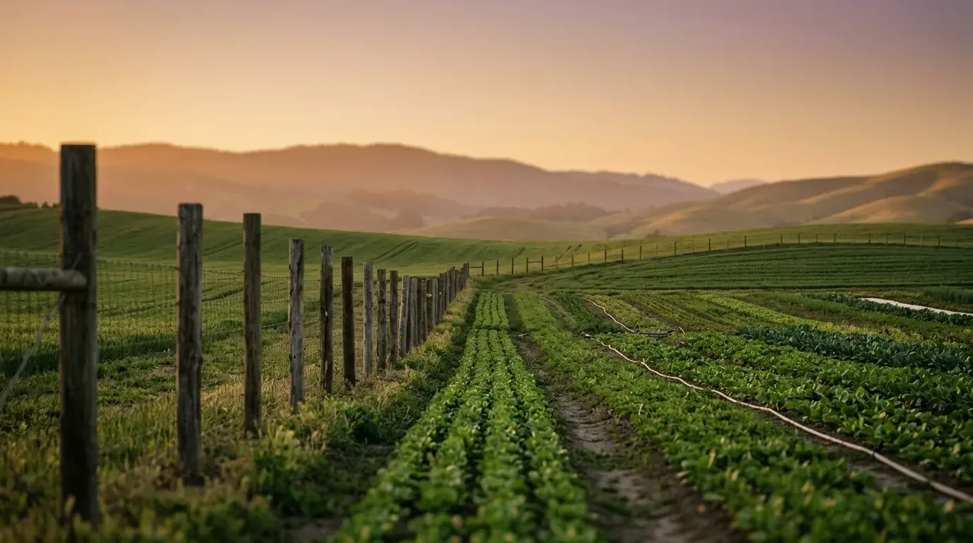 Grüne Felder eines Gemeinschaftslandwirtschaftsprojekts bei Sonnenuntergang, sinnbildlich für Crimsham Farm