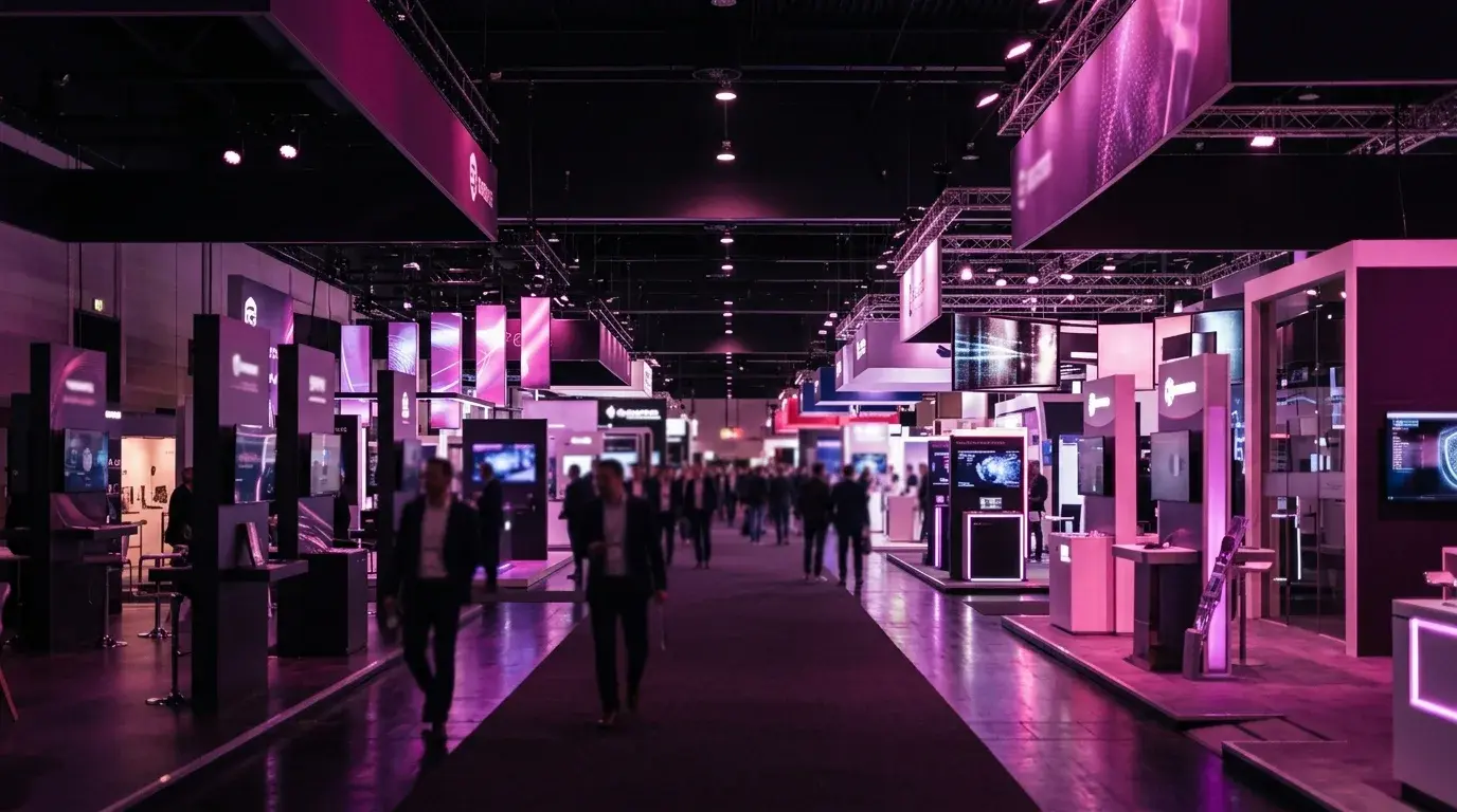 Dunkle Messehalle der SicherheitsExpo München 2026 in Brand-Lila, Stände und Besucher