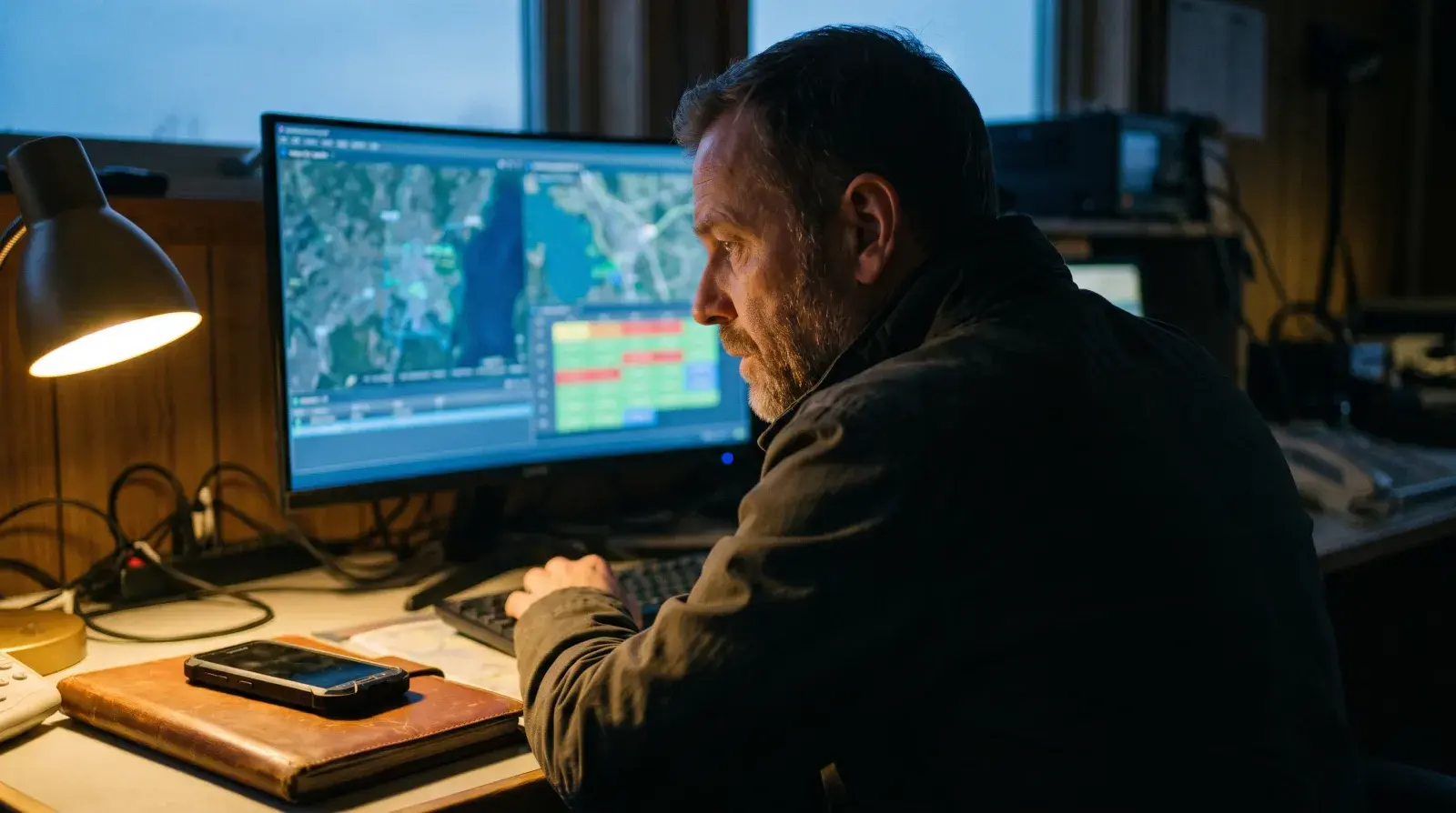 Operations manager of a security company reviews a site map and duty roster at night while choosing security guard management software