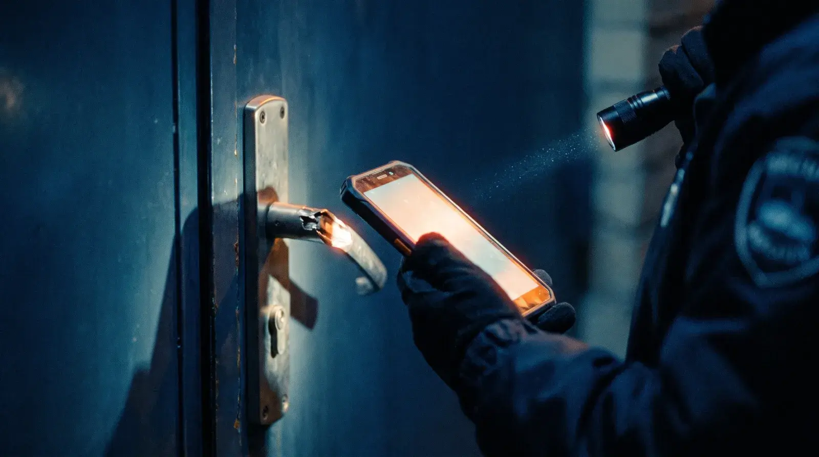 Sicherheitsmitarbeiter dokumentiert nachts einen aufgebrochenen Zugang mit einem robusten Smartphone als Beispiel für Ereignisdokumentation im Sicherheitsdienst