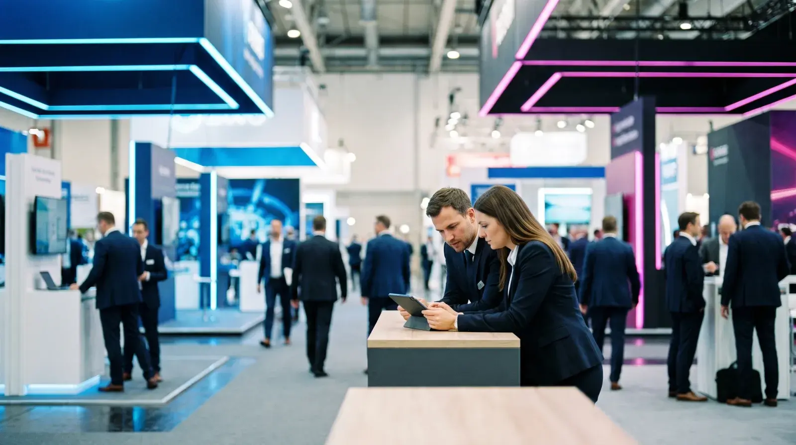 Modern exhibition hall at Security Essen 2026 with trade fair stands and professional visitors