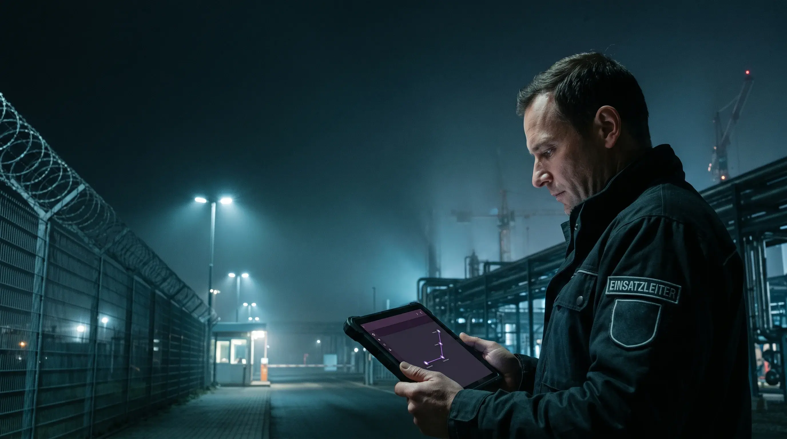 Einsatzleiter prüft nachts am bewachten Objekt die zeitgestempelte Rundgangsroute auf dem Tablet