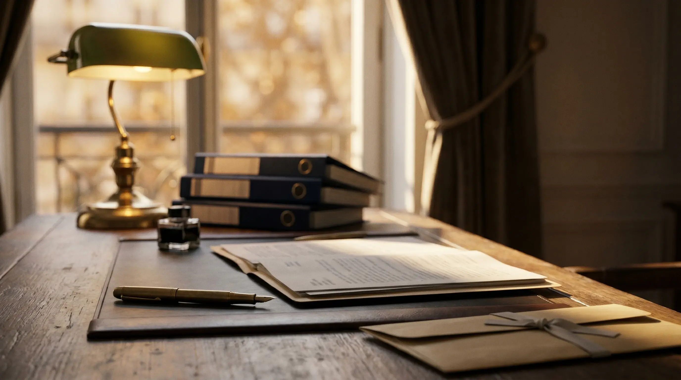 Bureau d'inspecteur réglementaire français en fin de journée : dossier ouvert, lampe banquier en laiton, stylo plume sur sous-main de cuir, dossiers de certification à reliure marine, lumière dorée parisienne