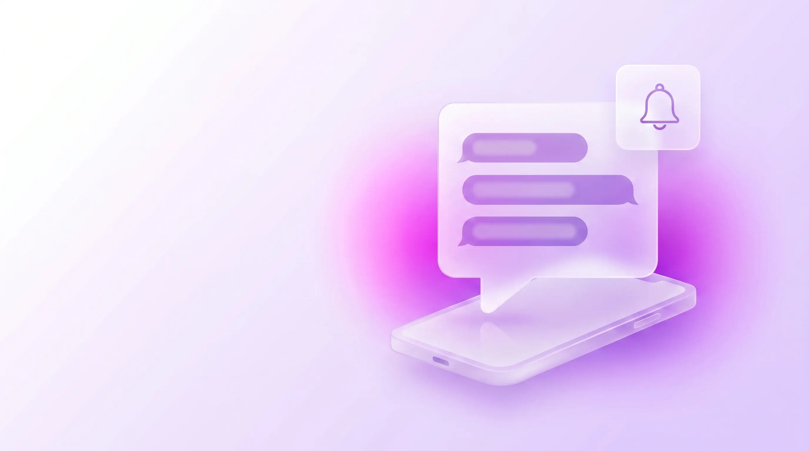 Glasoptik-Illustration eines Smartphones mit SMS-Sprechblase und Benachrichtigungsglocke, Symbol für Benachrichtigungen per SMS im COREDINATE-Update 9.29.