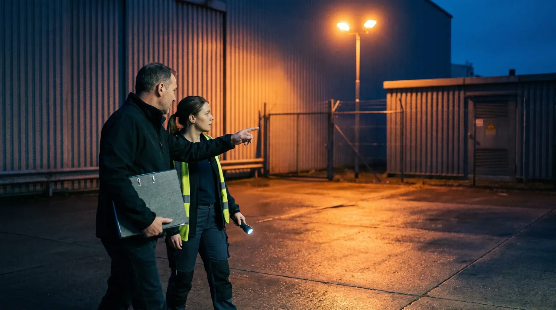 Objektleiter mit Objektordner und Wachperson mit Taschenlampe bei der nächtlichen Einweisung auf einem Werkshof