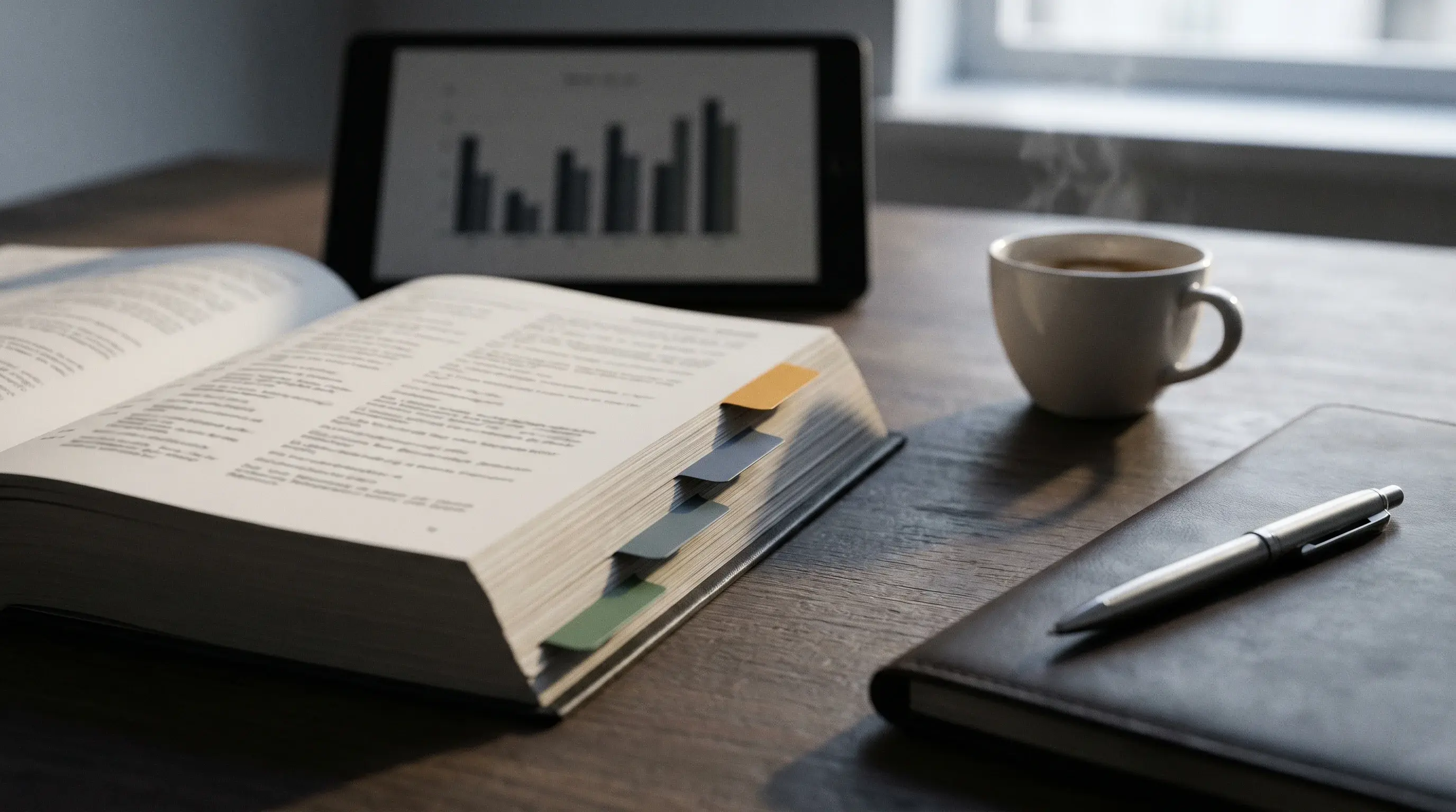 Aufgeschlagene Norm DIN 77200 mit drei Tab-Reitern auf einem Auditor-Schreibtisch, Tablet mit Diagramm und Espresso, deutsches Bürolicht